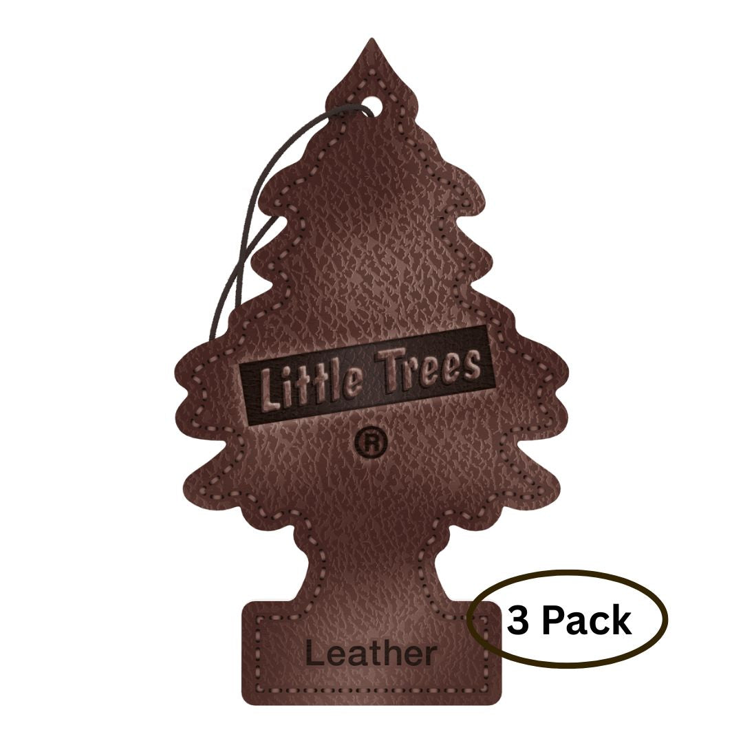 Brown tree-shaped air freshener with 'Little Trees' branding on a white background