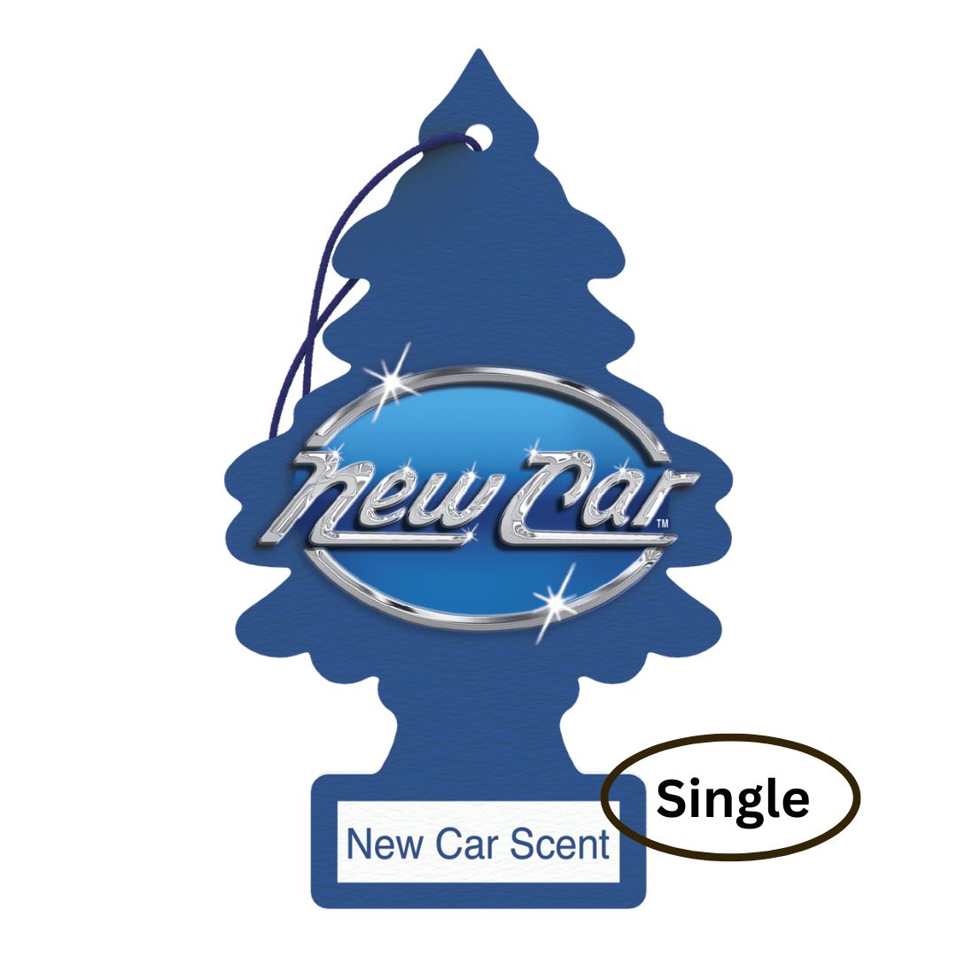 Little Trees Blue pine tree-shaped air freshener with 'New Car' text on a white background