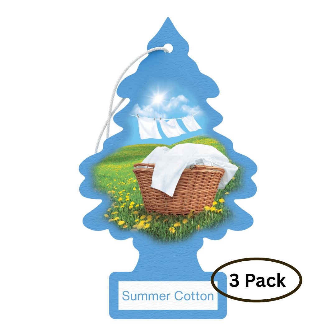 Little Trees Car air freshener with a 'Summer Cotton' theme featuring a basket of laundry on a grassy field.