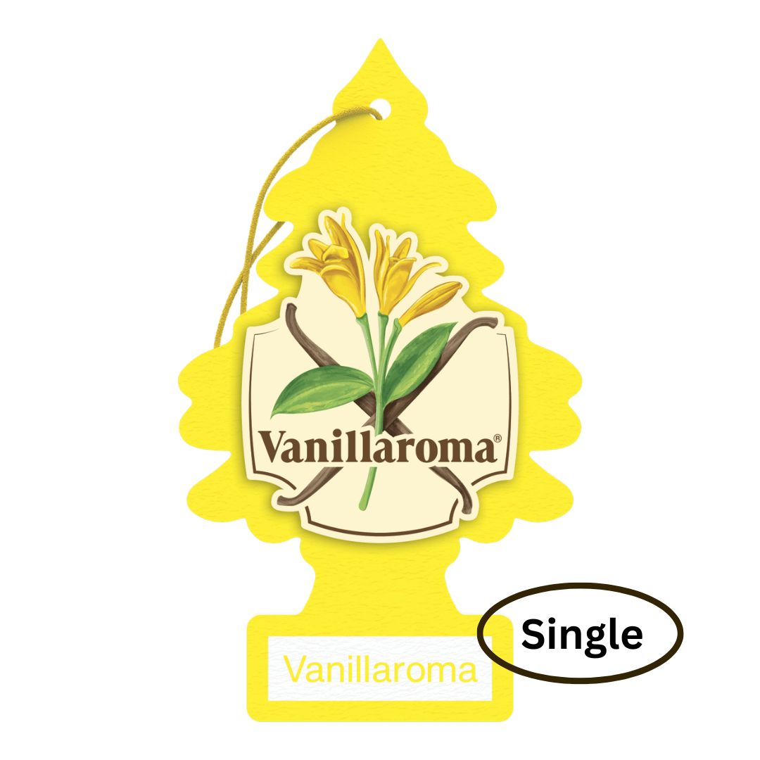 Little Trees Vanillaroma air freshener with yellow background