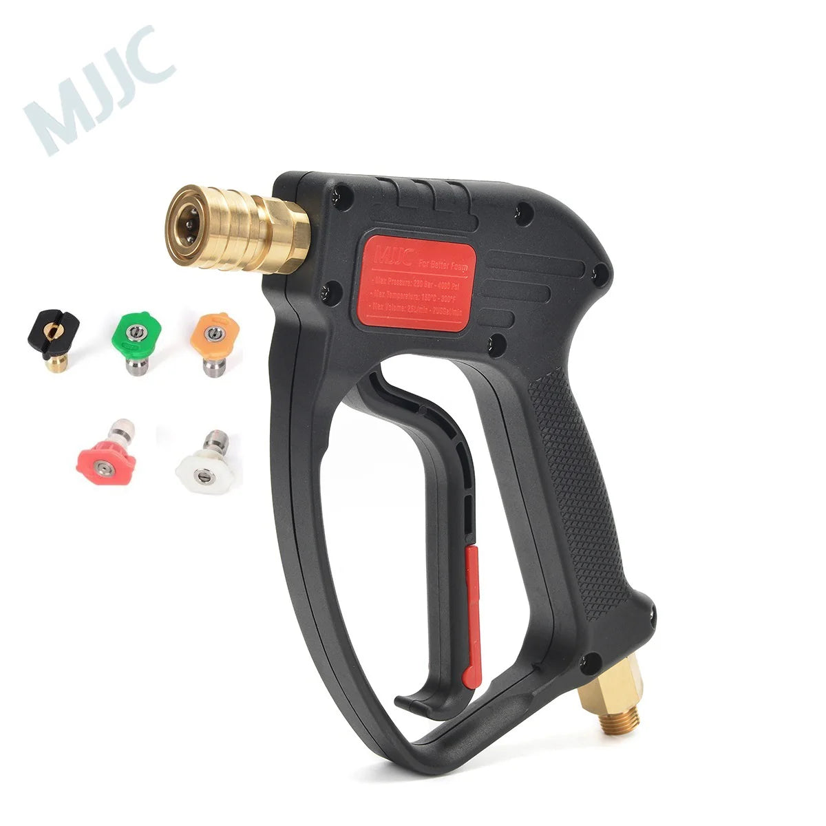 Black and red pressure washer gun with multiple nozzles on a white background. MJJC Ireland