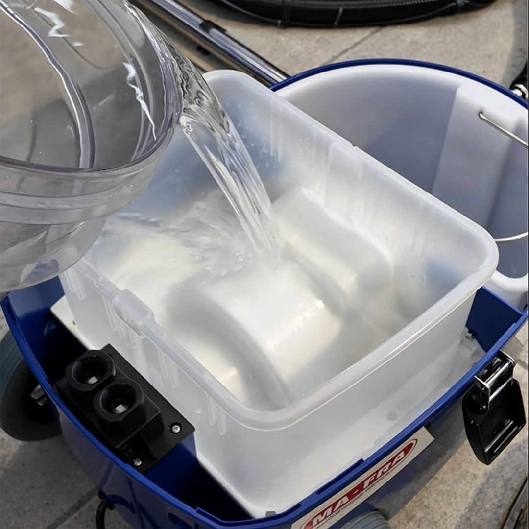 Clear container pouring water into a blue cooler with a visible brand logo.