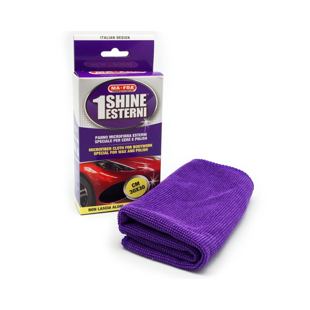 Purple microfiber cloth with packaging labeled '1 Shine Esterini' on a white background