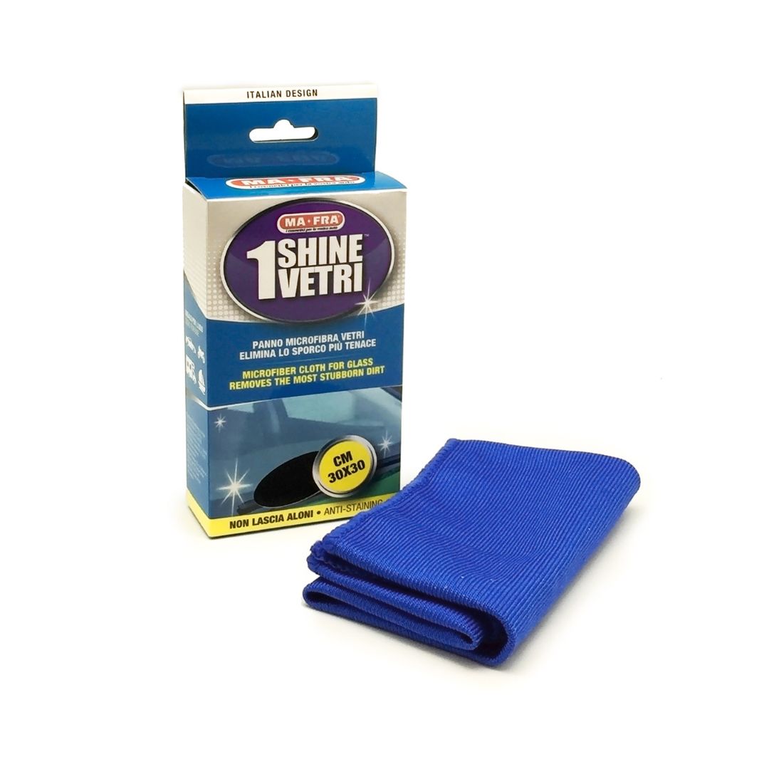 Blue microfiber cloth with packaging labeled 'Shine Vetri' on a white background