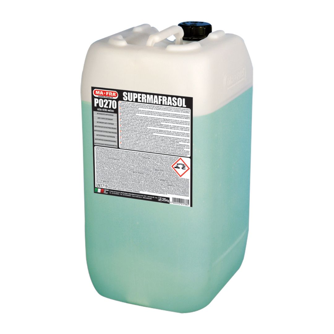 Large green and white container with a label on a white background