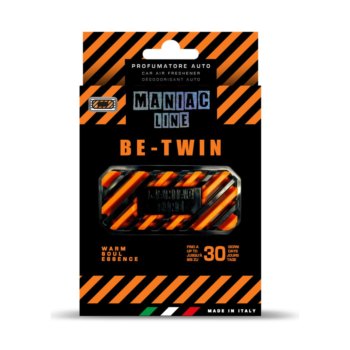 Packaged car air freshener spray labeled 'Maniac Line Be-Twin' with orange and black hazard stripes on a white background.