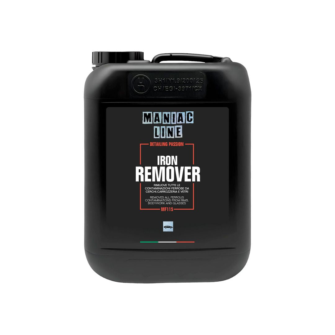Black container of 5L Maniac Line Iron Remover on a white background