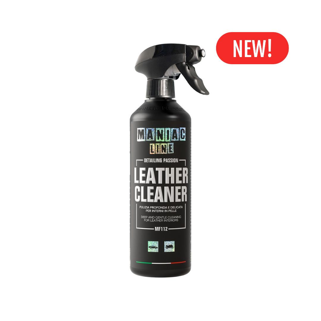 Black spray bottle of Maniac Line Leather Cleaner with a 'New!' label on a white background