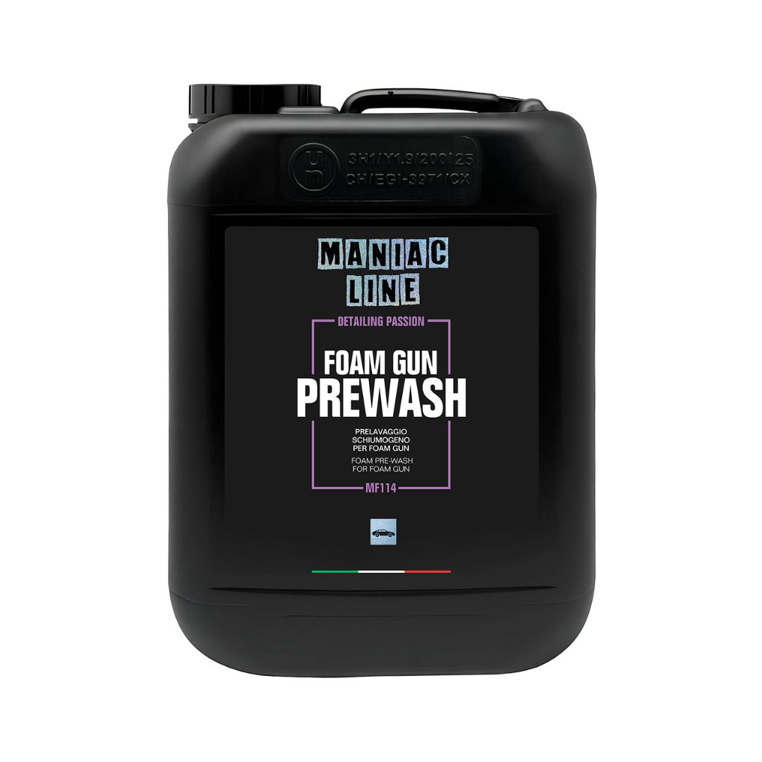 Black foam gun prewash container with 'Maniac Line' branding on a white background