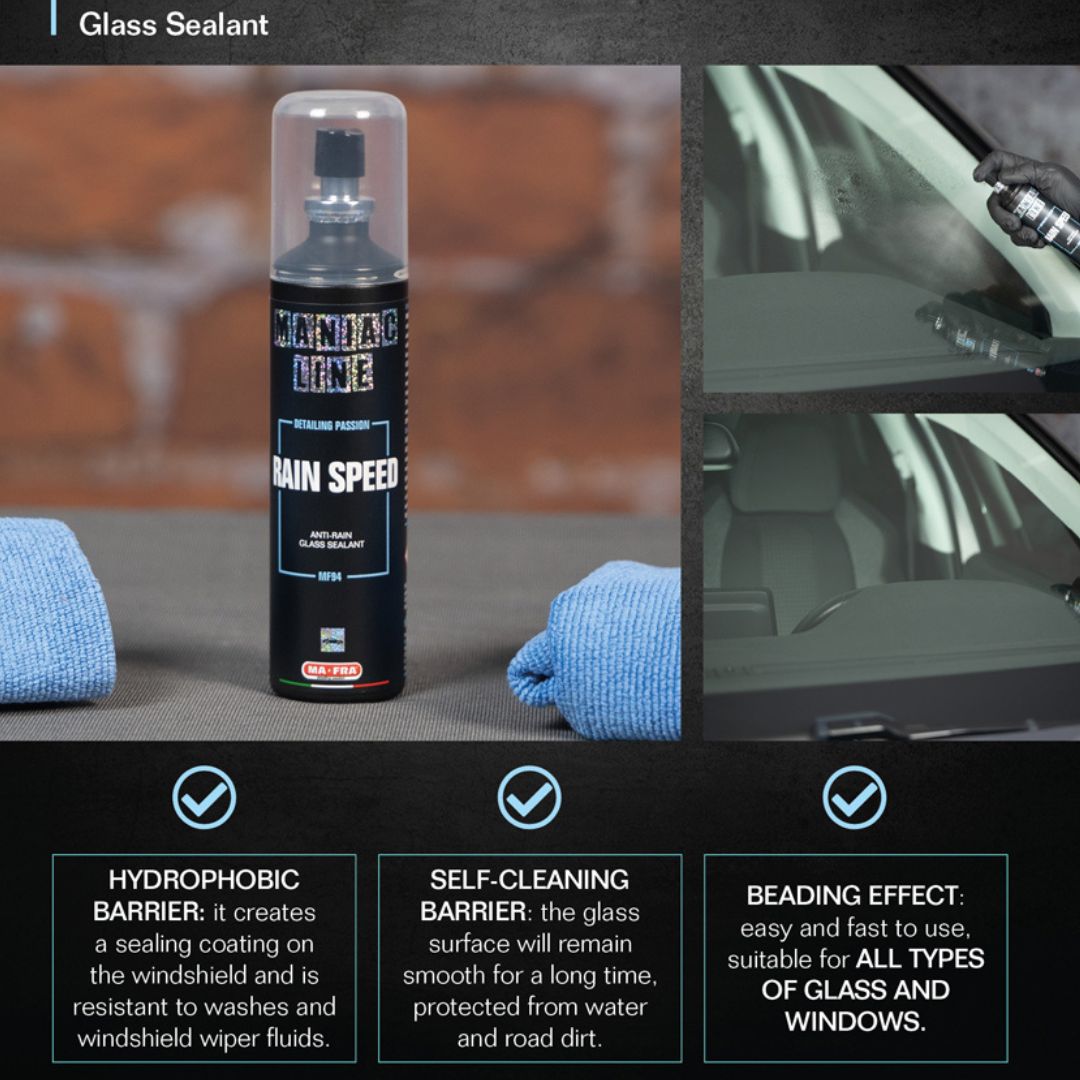 Maniac Rain Speed Anti Rain Glass Sealant. Ceramic Coating for glass and windshield. Best glass sealant for Ireland. Maniac line Ireland. Mafra Ireland.