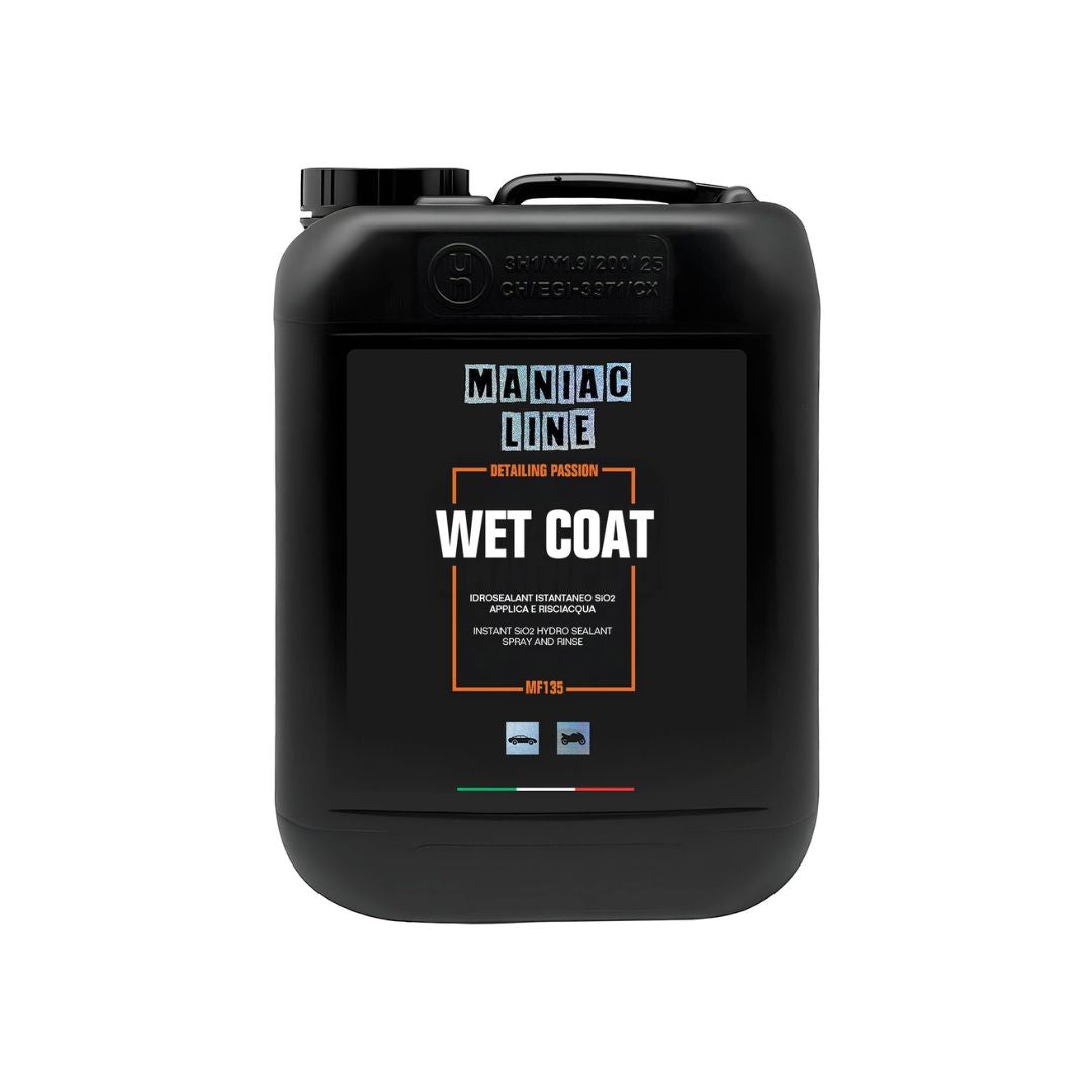 Black container labeled 'Wet Coat' by Maniac Line on a white background