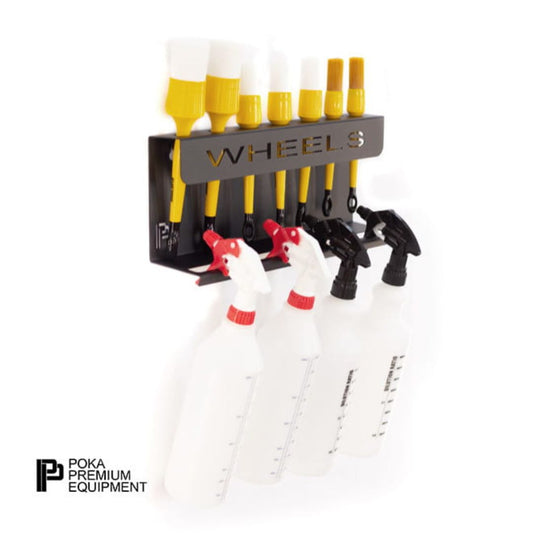 Poka Premium Brush and Bottle Holder 40cm Wheels. Work Stuff brush holder. High quality aluminium brush holder for workshop. Poka Premium Ireland Poka Premium Cork Ireland