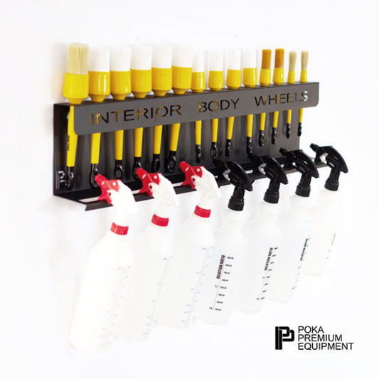 Poka Premium Brush and Bottle Holder 80cm Interior Body Wheels. Work Stuff brush holder. High quality aluminium brush holder for workshop. Poka Premium Ireland Poka Premium Cork Ireland