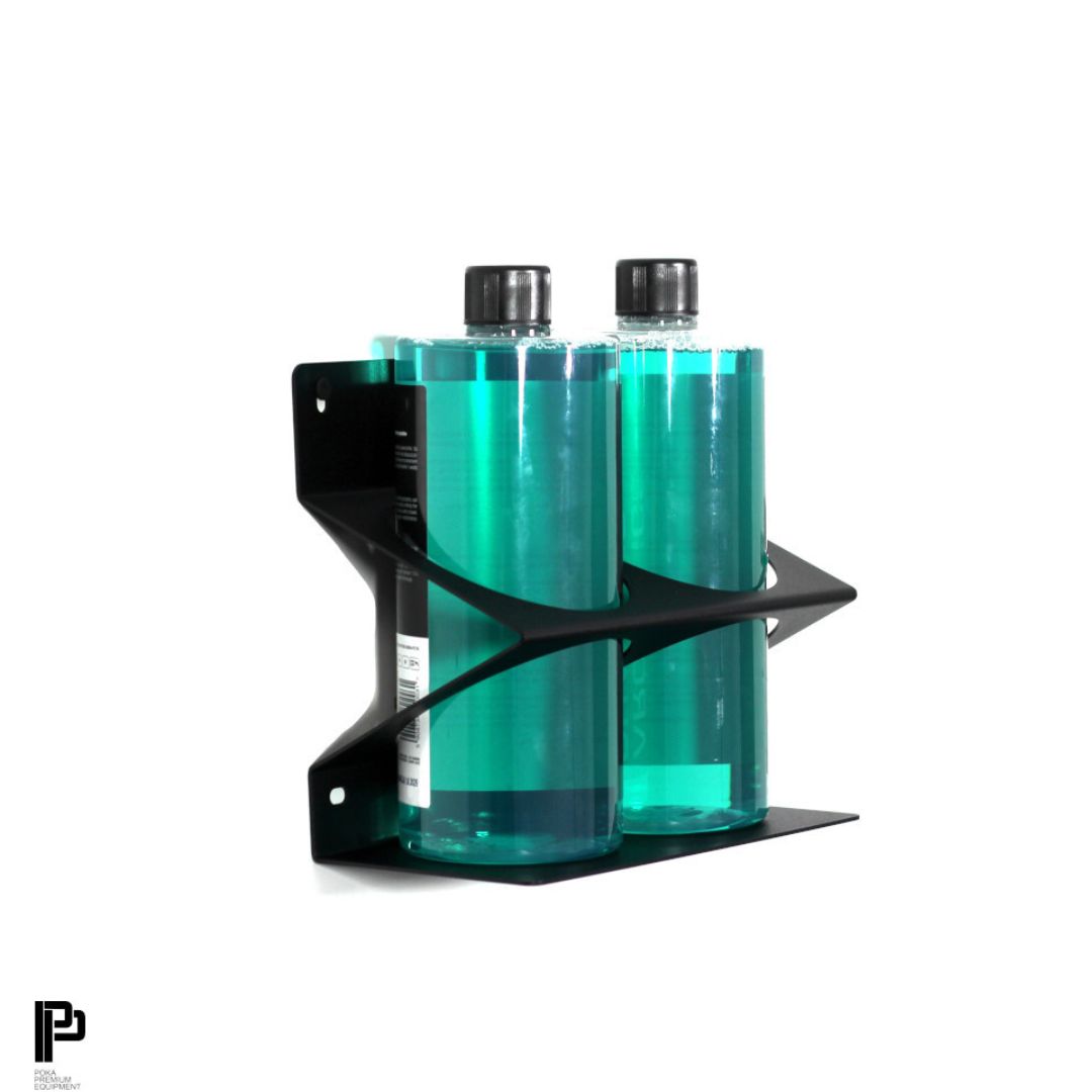 Poke Premium LITE Double Bottle Holder - Medium up to 1L Black metal wall mount with four circular slots and 'P-Lite' branding on a white background.