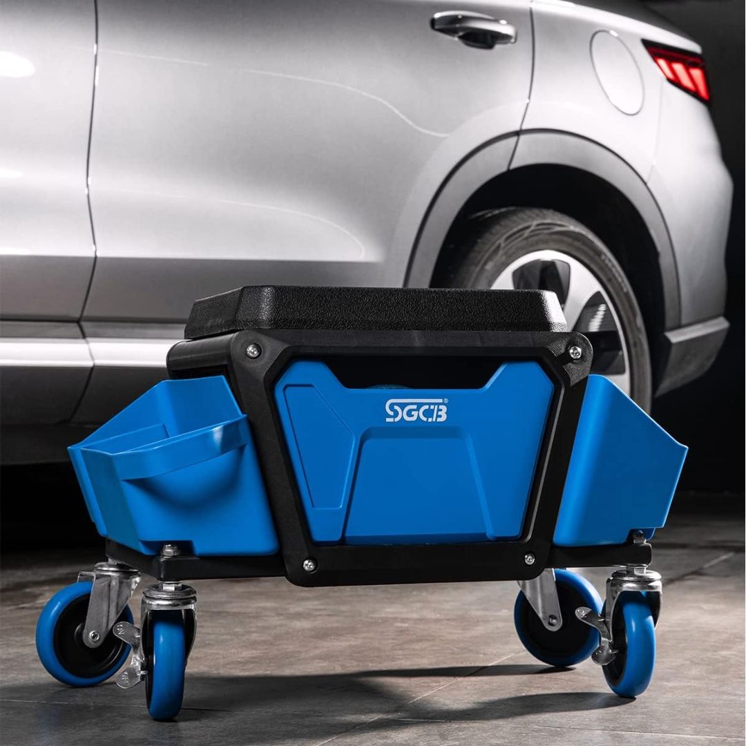 SGCB Ireland Creeper seat. Workshop chair. Polishing chair. meachine roller chair. chair for detailing and polishing. blue chair with rolls for workshop. cushioned seat. SGCB roller seat. SGCB Ireland