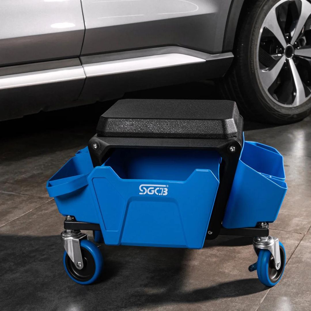 SGCB Ireland Creeper seat. Workshop chair. Polishing chair. meachine roller chair. chair for detailing and polishing. blue chair with rolls for workshop. cushioned seat. SGCB roller seat. SGCB Ireland