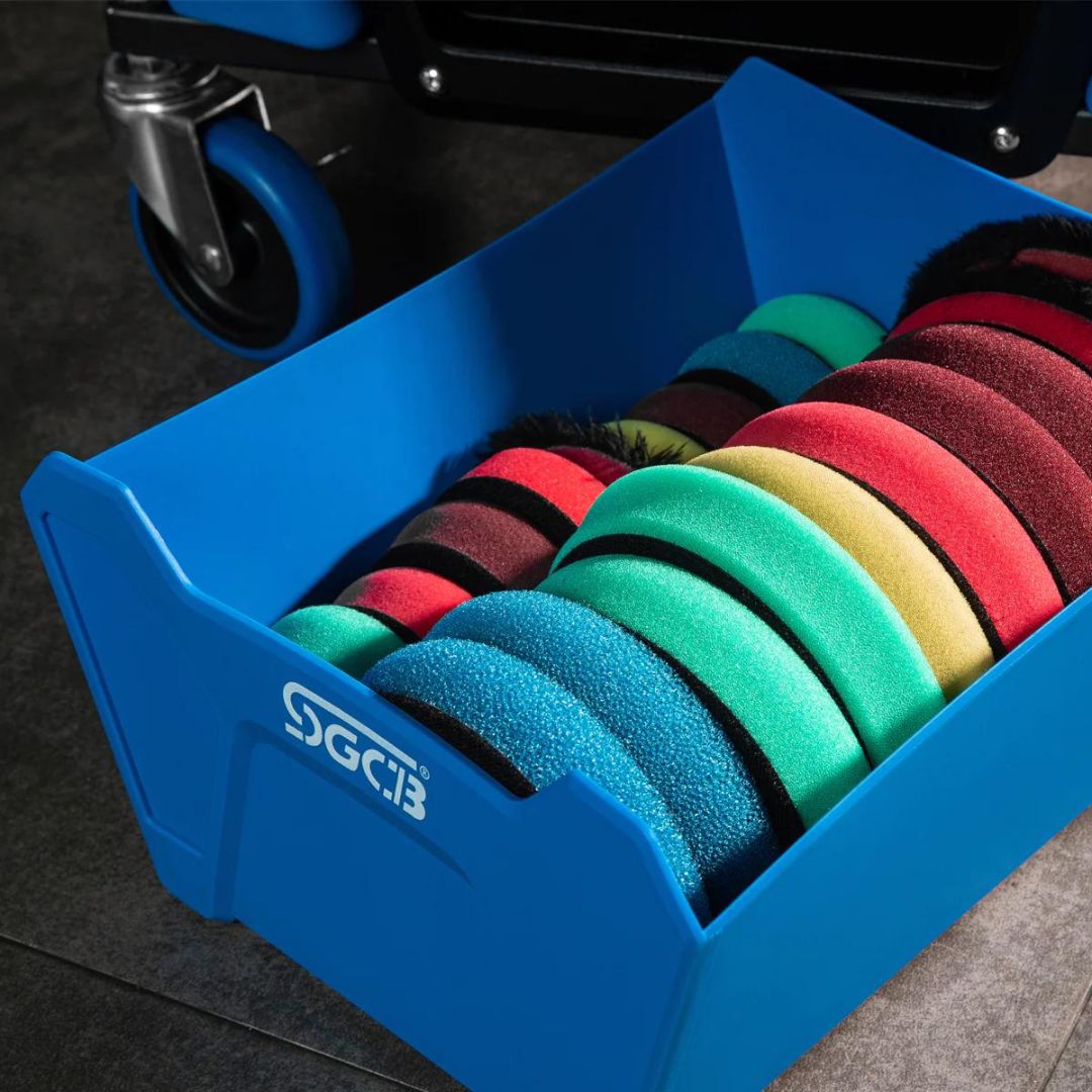 SGCB Ireland Creeper seat. Workshop chair. Polishing chair. meachine roller chair. chair for detailing and polishing. blue chair with rolls for workshop. cushioned seat. SGCB roller seat. SGCB Ireland