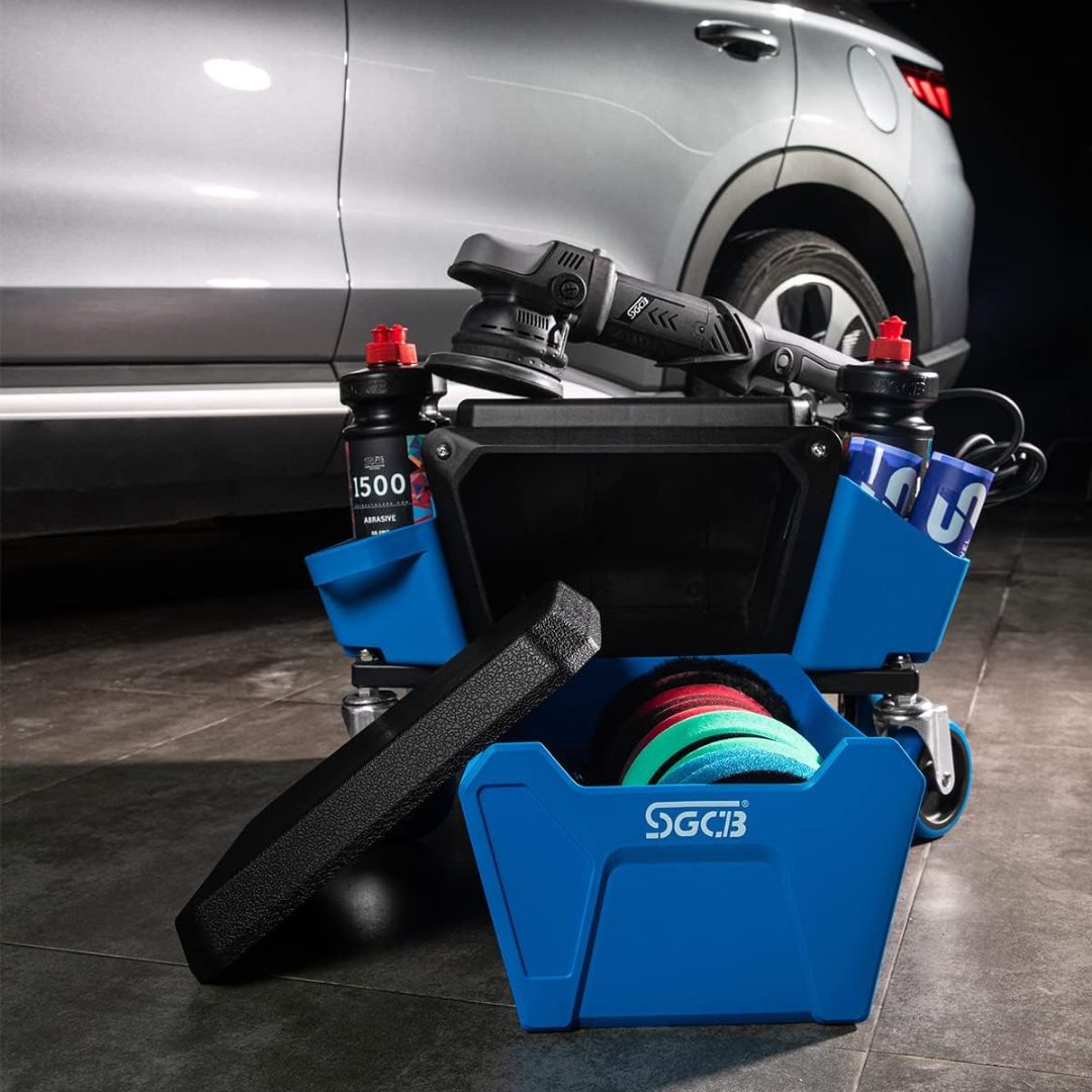 SGCB Ireland Creeper seat. Workshop chair. Polishing chair. meachine roller chair. chair for detailing and polishing. blue chair with rolls for workshop. cushioned seat. SGCB roller seat. SGCB Ireland