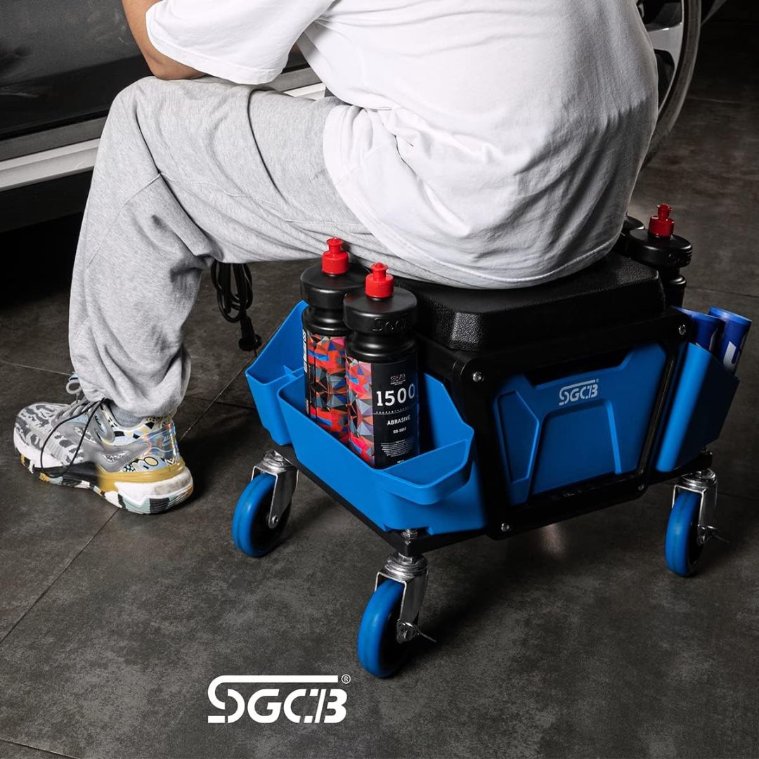 SGCB Ireland Creeper seat. Workshop chair. Polishing chair. meachine roller chair. chair for detailing and polishing. blue chair with rolls for workshop. cushioned seat. SGCB roller seat. SGCB Ireland