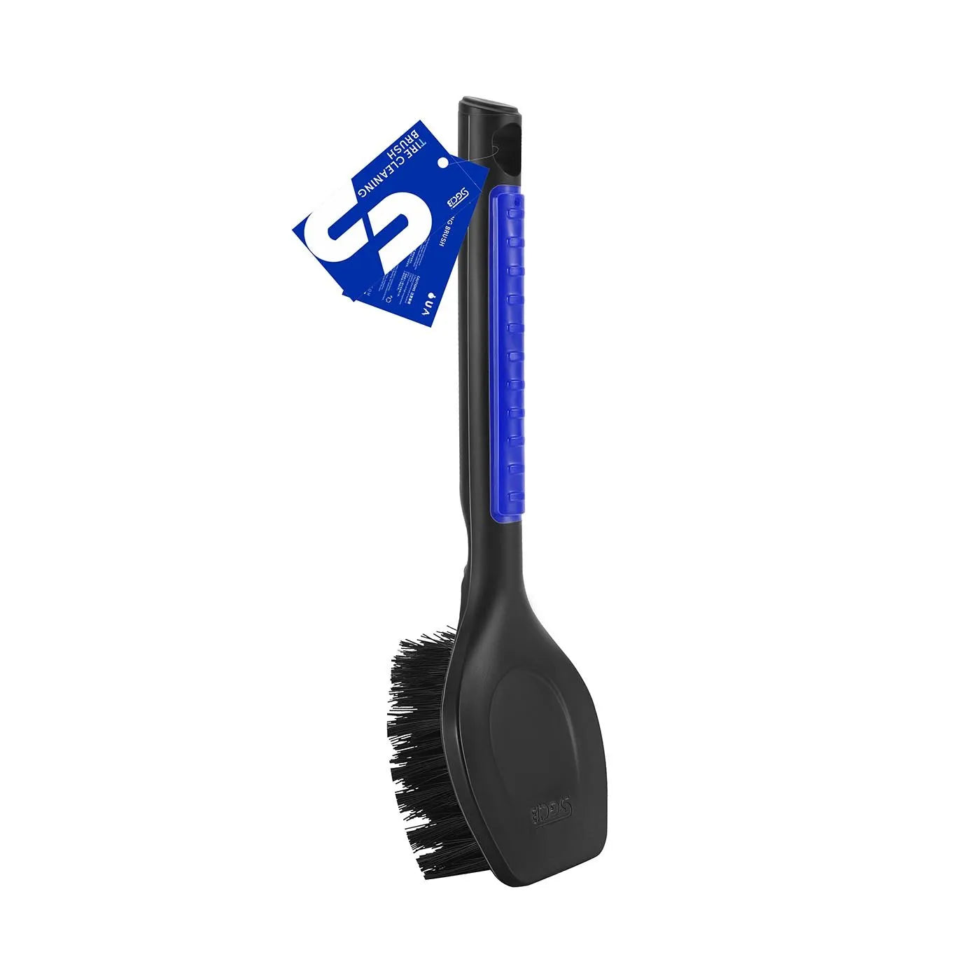 Black tyre brush with blue handle on a white background. SGCB Tyre Brush Ergonomic Grip with Long Handle Blue