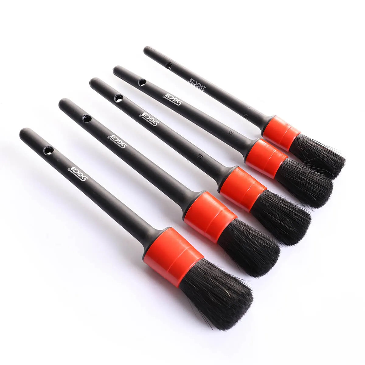 Set of 5 SGCB car cleaning brushes with black bristles and red handles on a white background