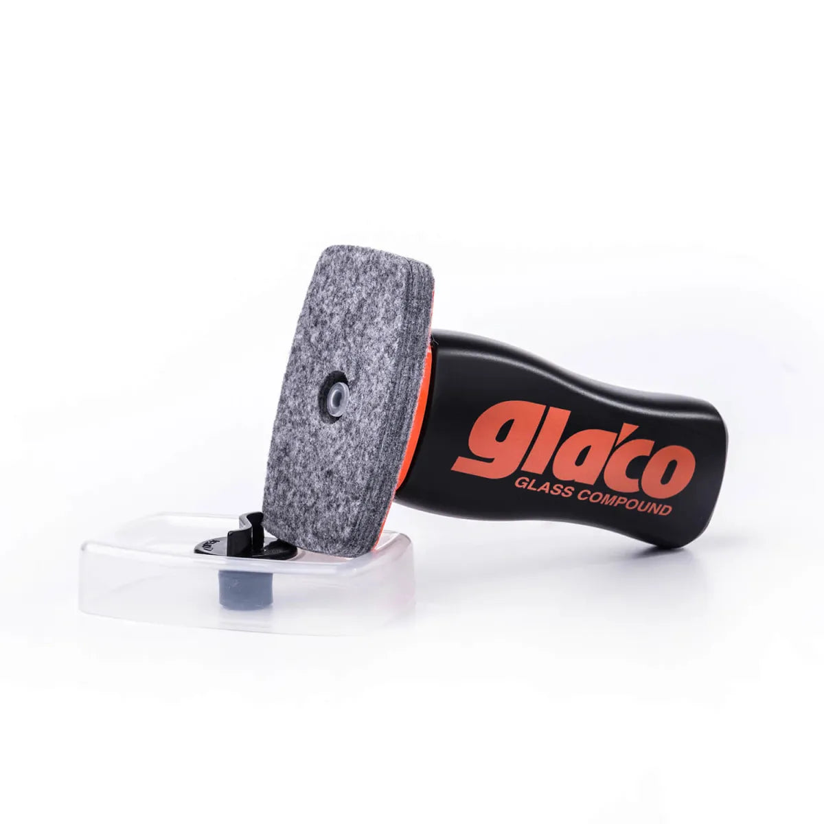 Glass polishing tool with 'glaco' branding on a white background