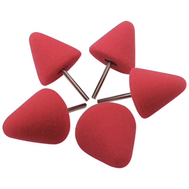 Designed for precision polishing, this set of five red low-density polishing cones is perfect for tackling hard-to-reach areas such as door handles, mirrors, bumpers, exhaust tips, and interior trim.