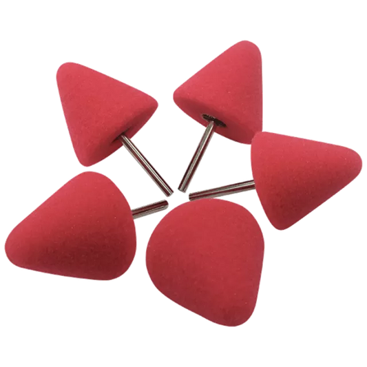 Designed for precision polishing, this set of five red low-density polishing cones is perfect for tackling hard-to-reach areas such as door handles, mirrors, bumpers, exhaust tips, and interior trim.