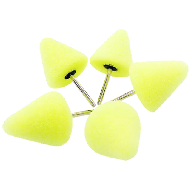 Designed for precision polishing, this set of five yellow low-density polishing cones is perfect for tackling hard-to-reach areas such as door handles, mirrors, bumpers, exhaust tips, and interior trim.