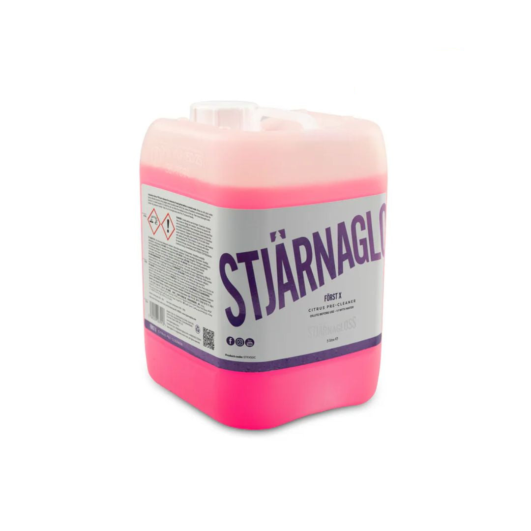 Pink container with a label on a white background, featuring the text 'Stjarnagloss Forst X