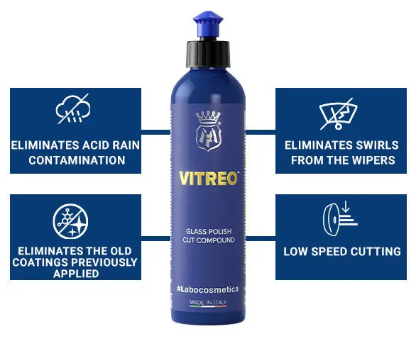 Labocosmetica Vitreo. Blue Bottle, black lid. Glass Polish with machine polischer. Labocosmetica Cork Ireland