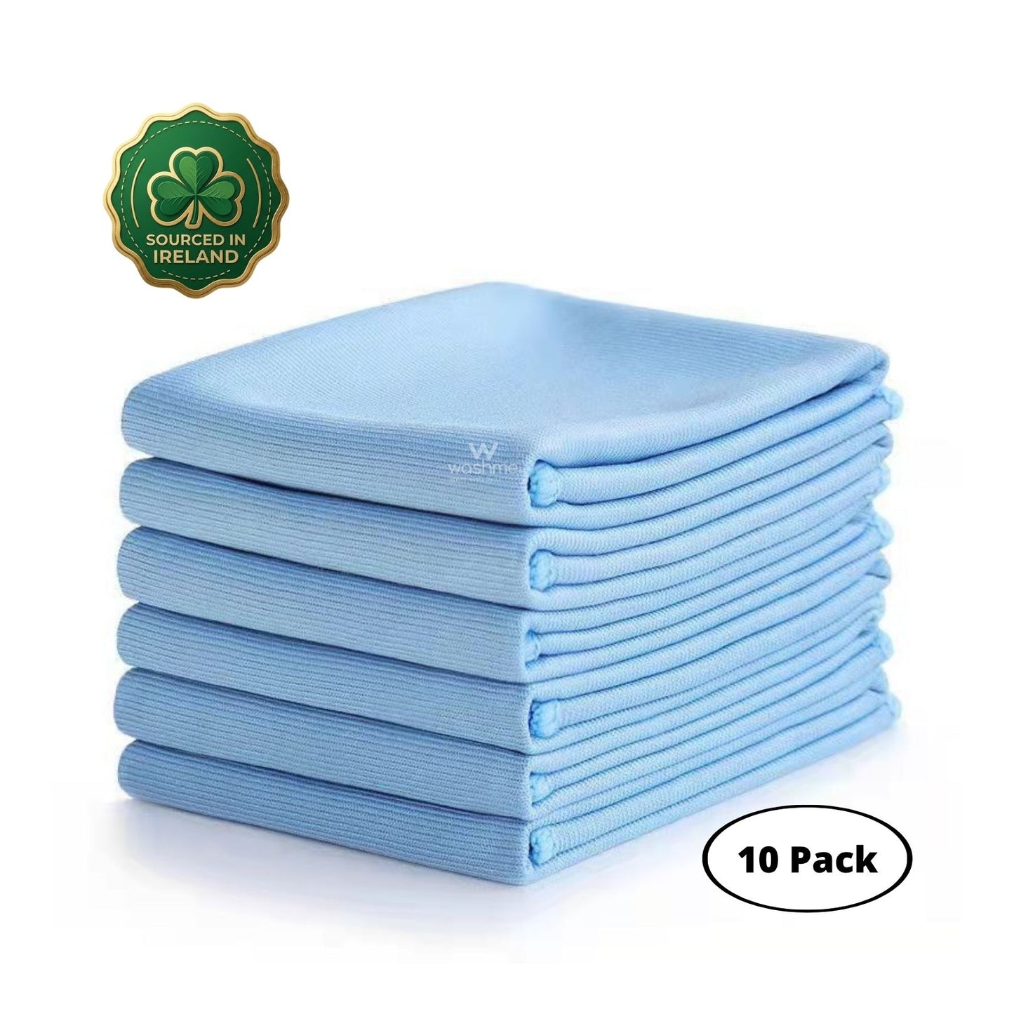 Stack of blue washme glass microfibre cloths with a shamrock logo and 'Sourced in Ireland' text on a white background 10 pack label