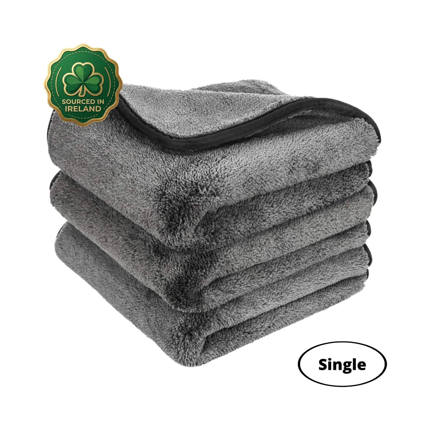 Stack of grey polishing cloth and towel with 600gsm weight towels with a shamrock logo indicating 'Sourced in Ireland' on a white background.