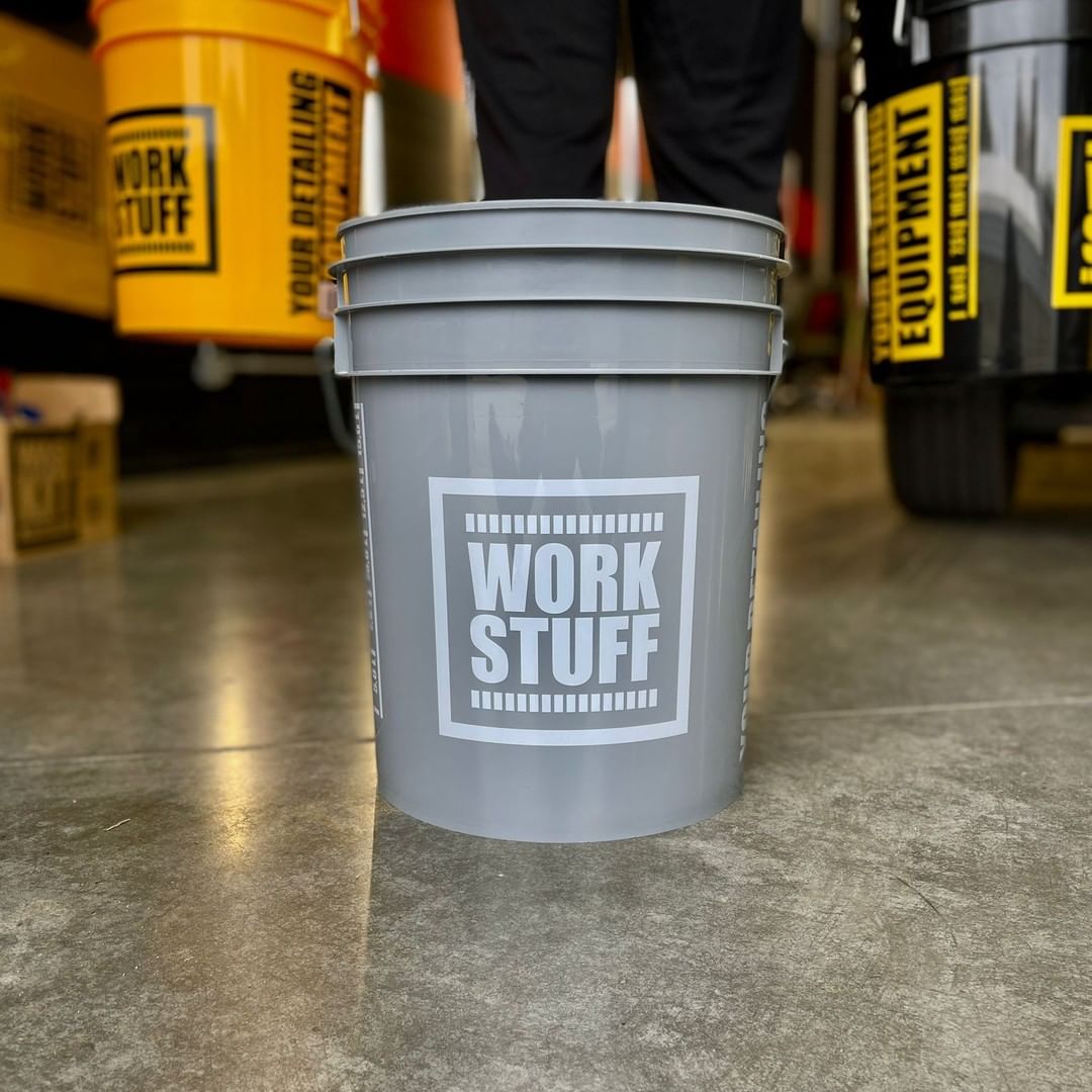 Work Stuff Grey Bucket Wheels with black Grit Guard. Safe wash bucket. two bucket wash method. Work Stuff Ireland