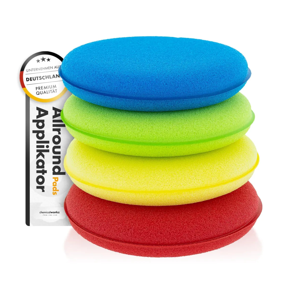 Stack of colorful foam applicators with a brand label on a white background