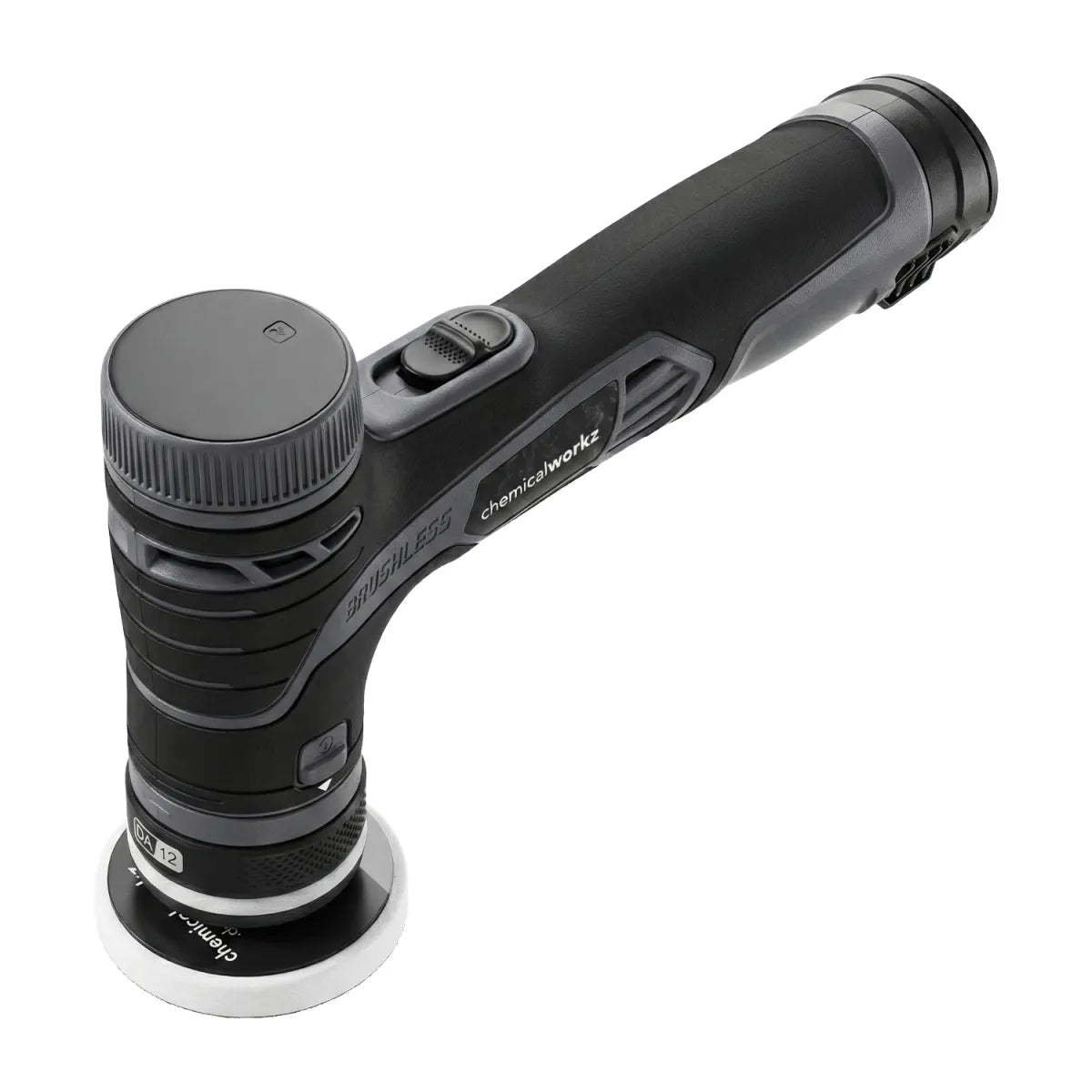 Black and gray polisher with "chemicalworkz" branding on a white background