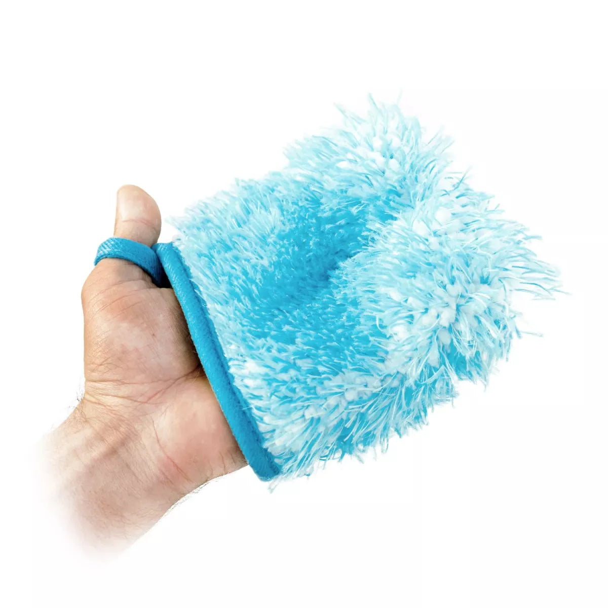 Hand holding a blue feather duster against a white background