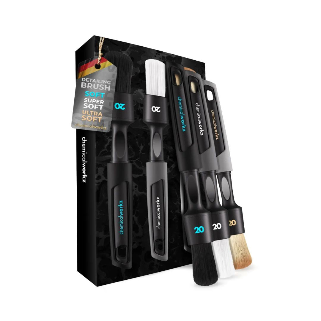 3 chemicalworkz ultra soft detailing brushes in a set, accompanied by their packaging on a white background.