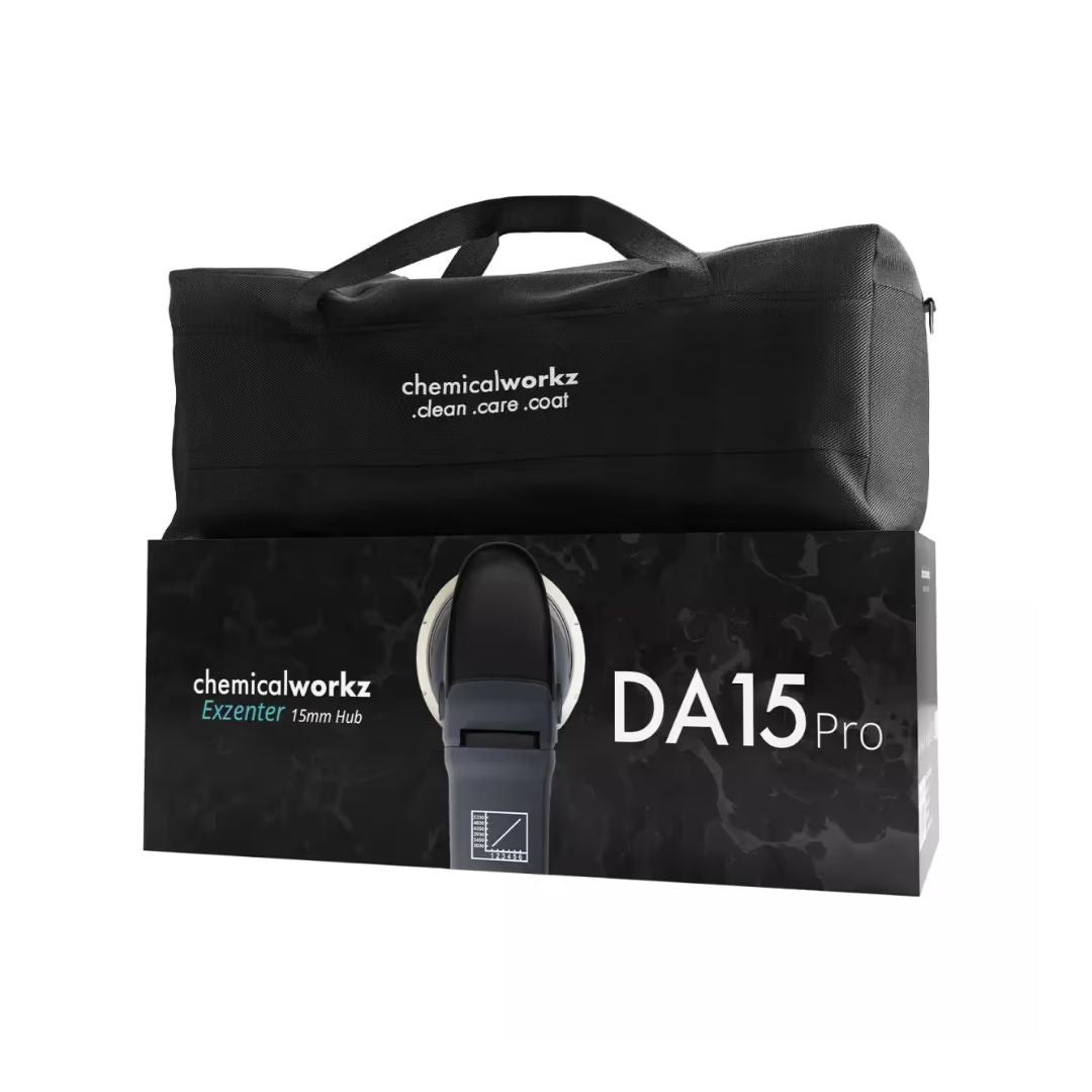 Black carrying bag and packaging box for 'chemicalworkz DA15 Pro' on a white background