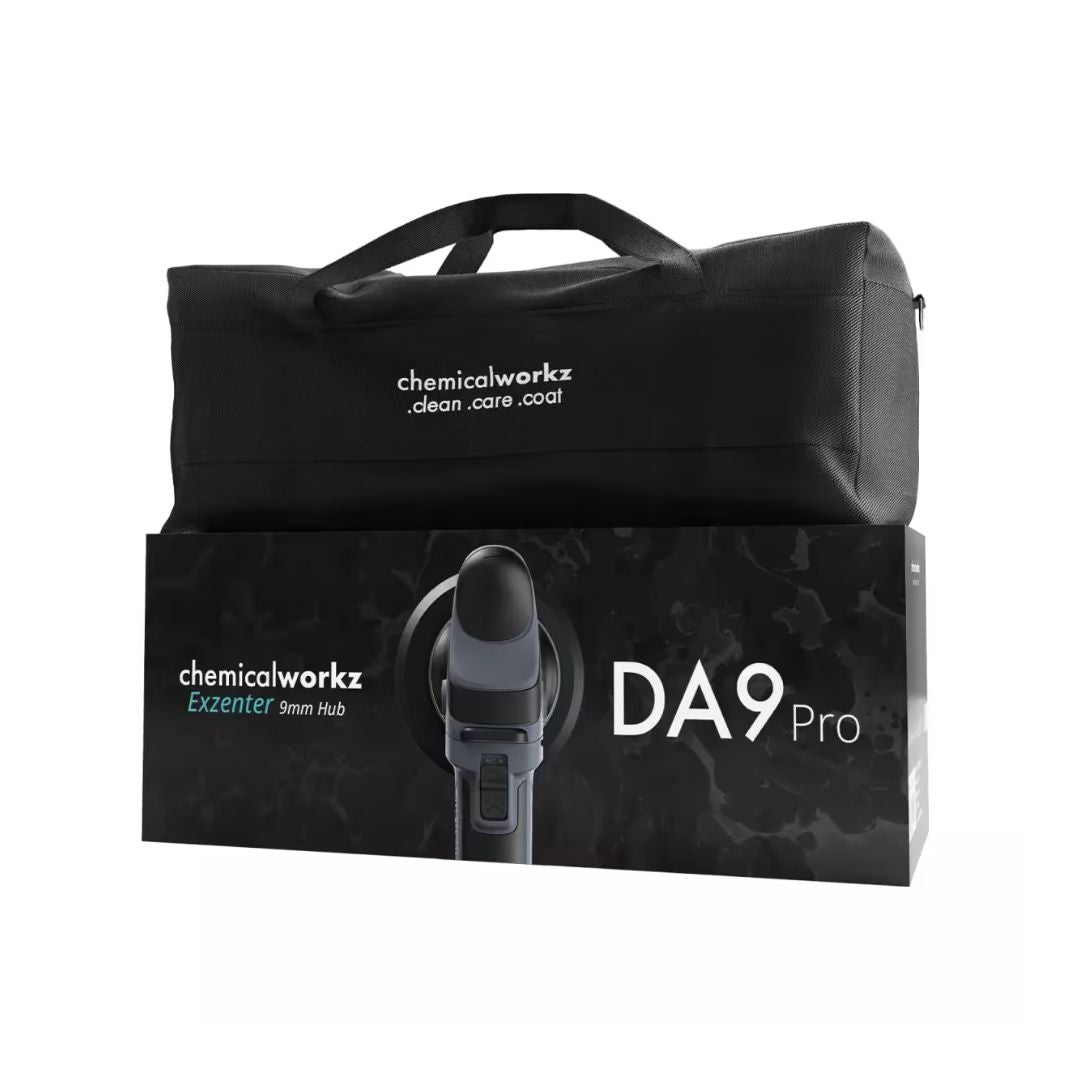 Black carrying bag and box with 'chemicalworkz' branding on a white background