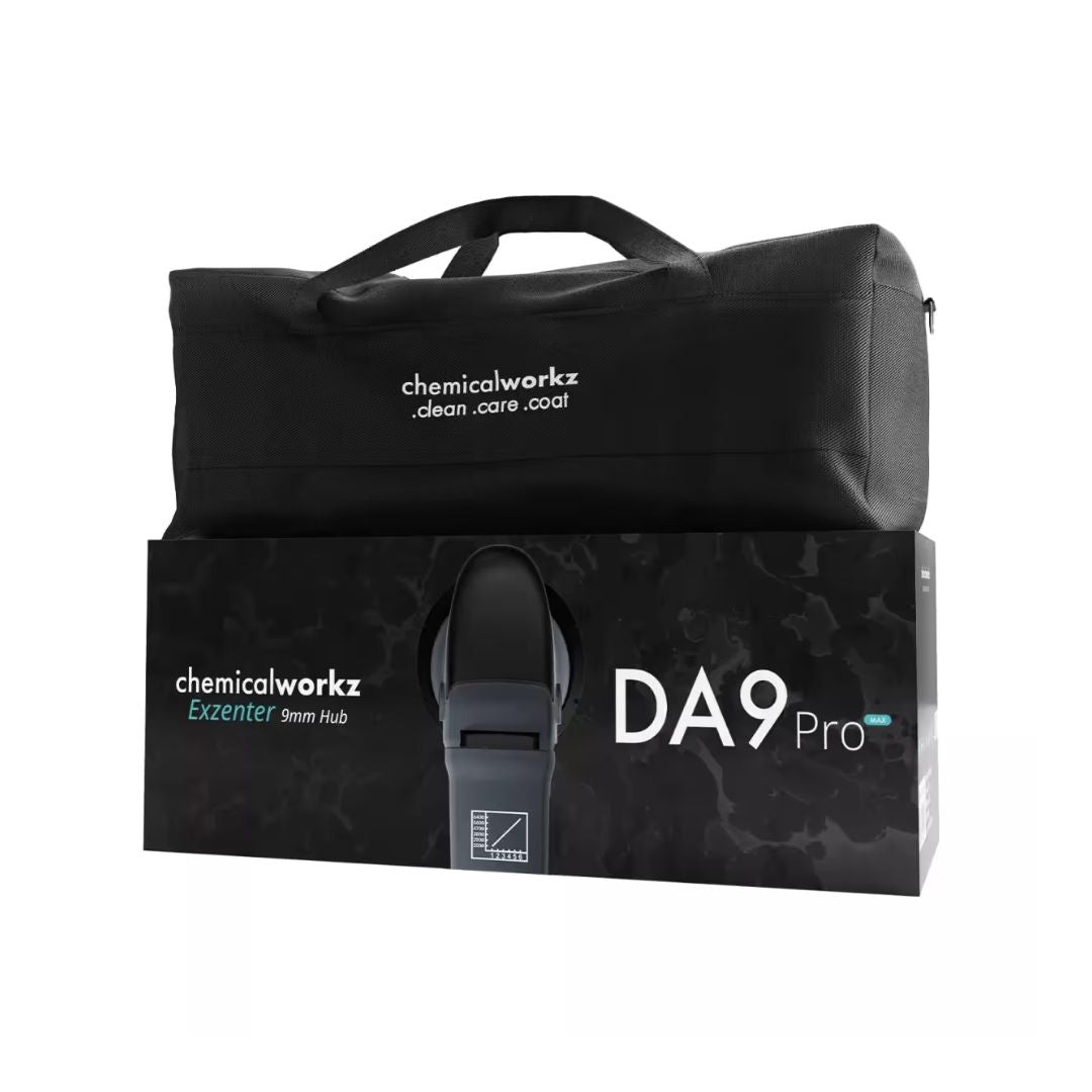 Black bag and box with 'chemicalworkz' branding on a white background