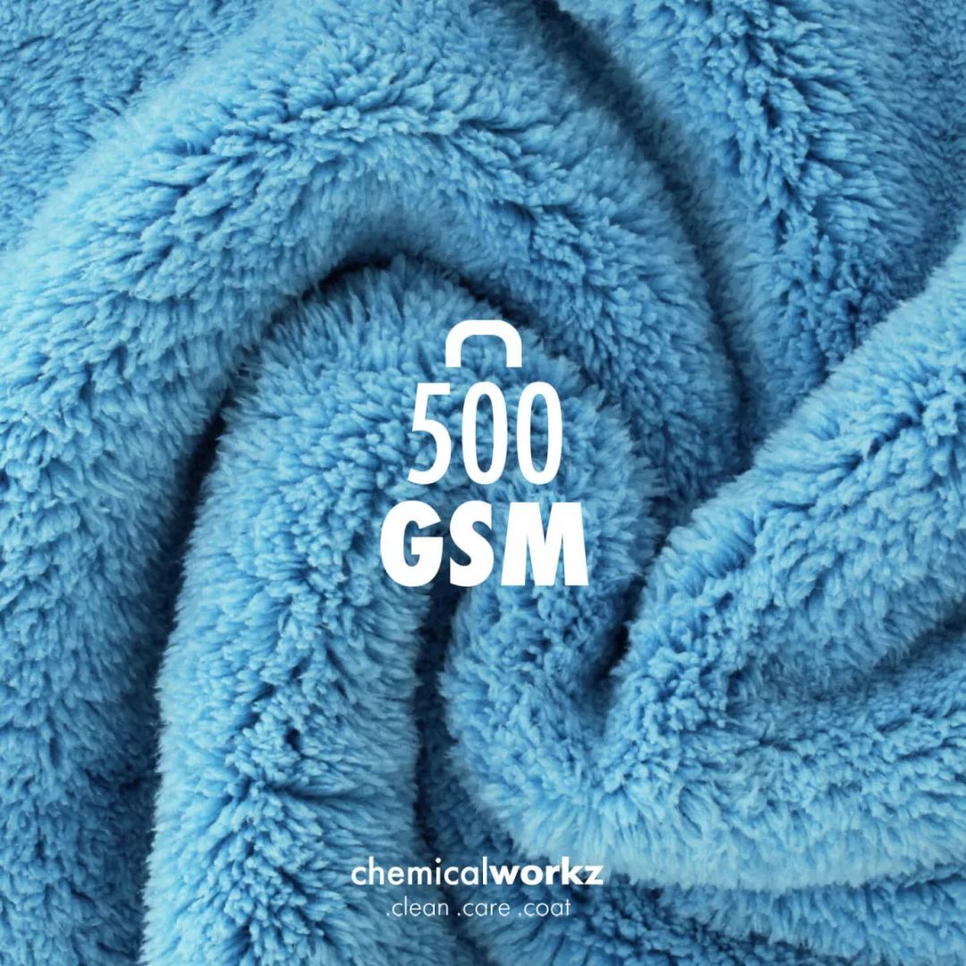 Blue towel with '500 GSM' text and 'chemicalworkz' branding
