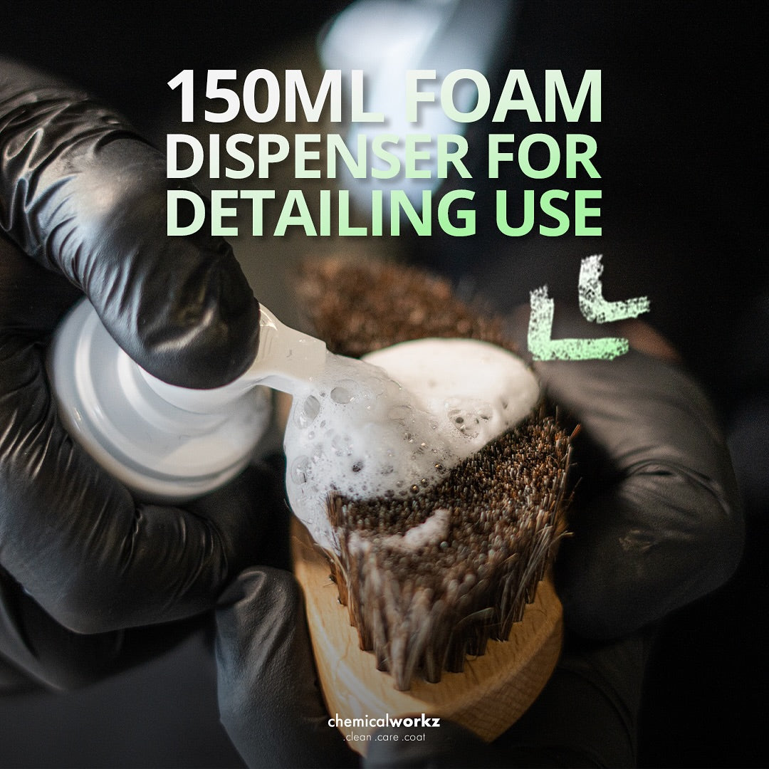 150ML foam dispenser for detailing use with a gloved hand holding a brush and dispenser.