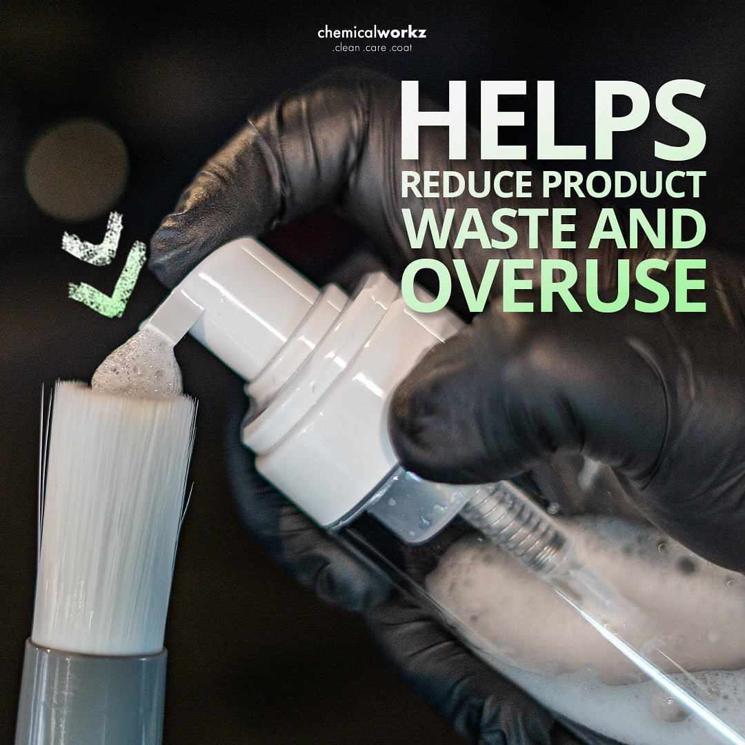 Person in black gloves holding a white container with text about reducing product waste and overuse.