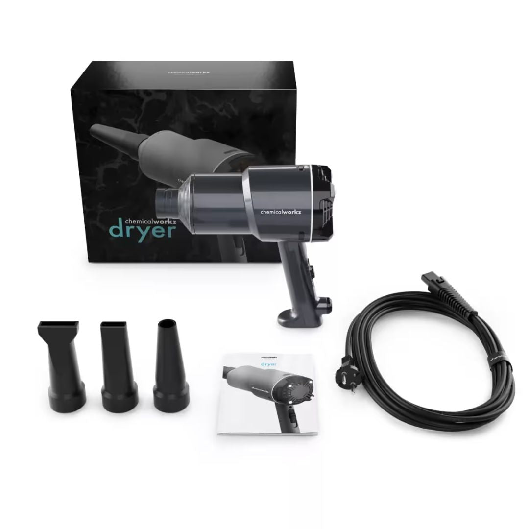 Chemicalworkz dryer with attachments and packaging on a white background