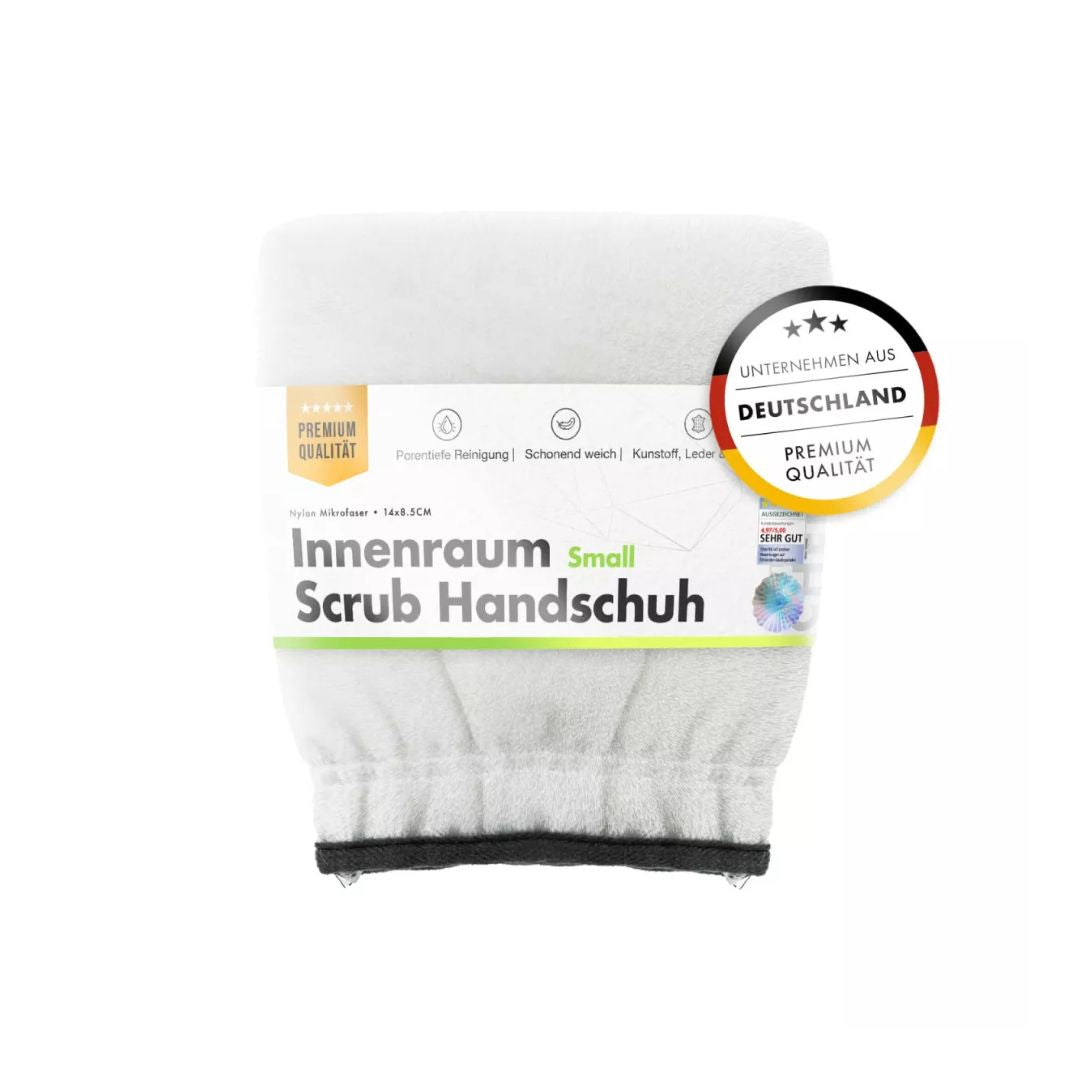 White scrub glove with packaging labeled 'Innenraum Small Scrub Handschuh' on a white background.