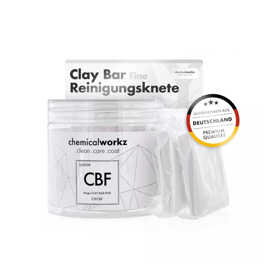 chemicalworkz Clay Bar packaging with 'New!' label and certification badge on a white background