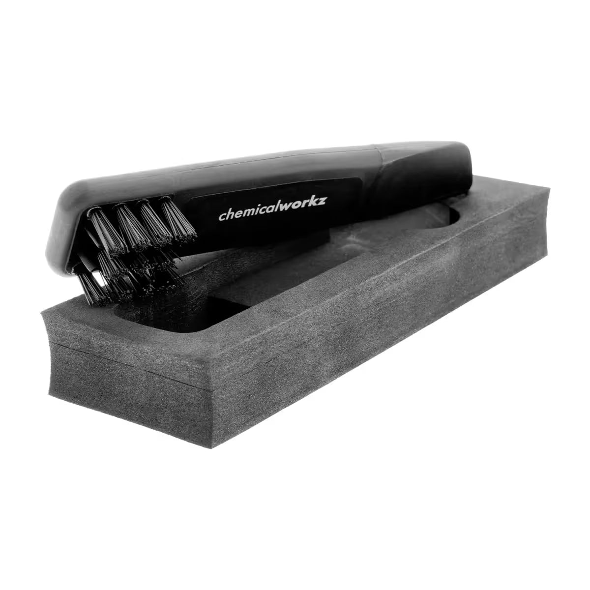 Black hairbrush with bristles in a wooden holder on a white background, branded 'chemicalworkz'.