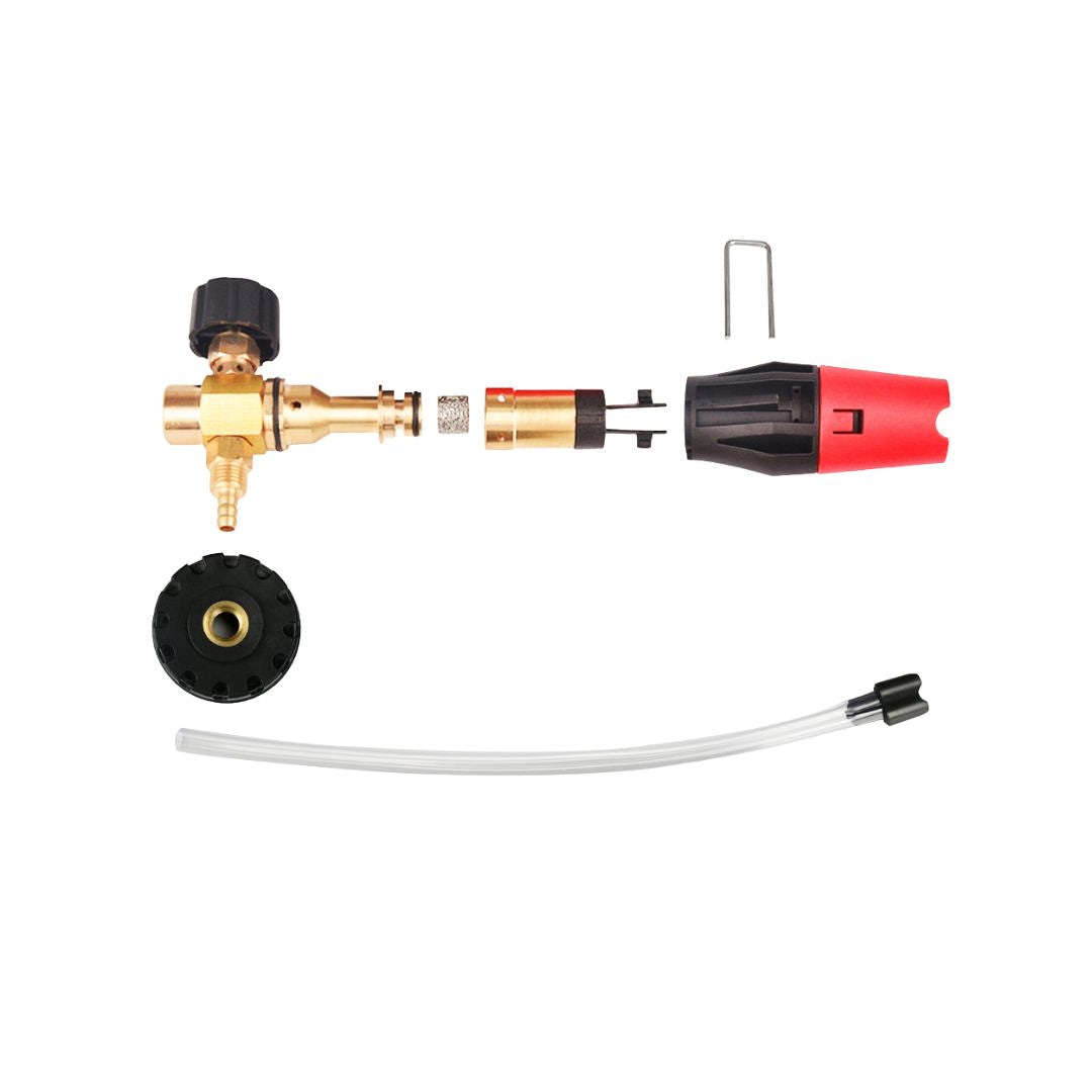 Set of pressure washer nozzles and connectors on a white background