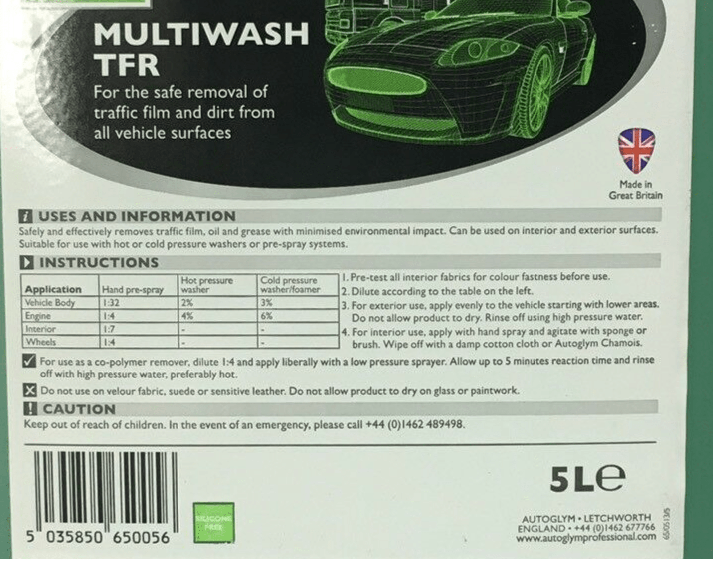 Autoglym Multiwash TFR. Traffic Film Remover 5L jerry can. Citrus scent. Autoglym Cork Ireland Autoglym Multiwash Dilution
